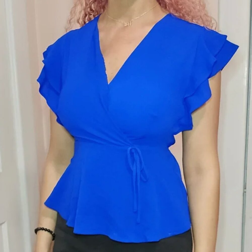 Monteau Los Angeles Womens Royal Blue Short Sleeve Wrap Blouse Top - Size S